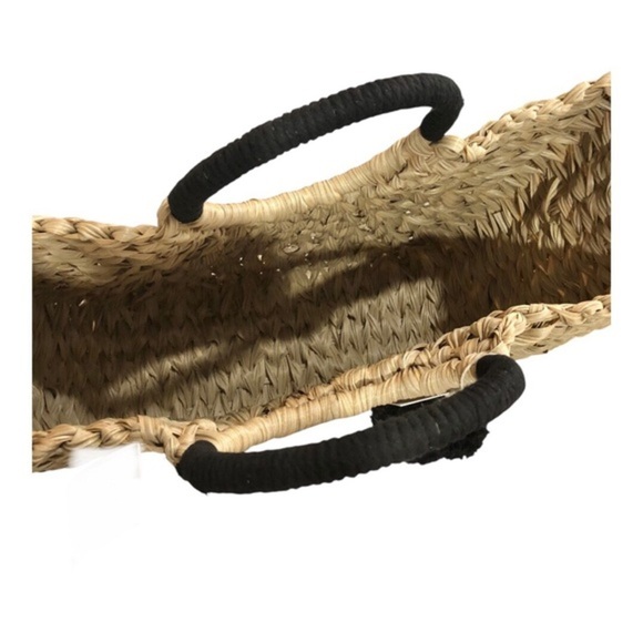 Wicker style straw basketweave black knit woven handle oversized‎ beach tote bag - Picture 15 of 15